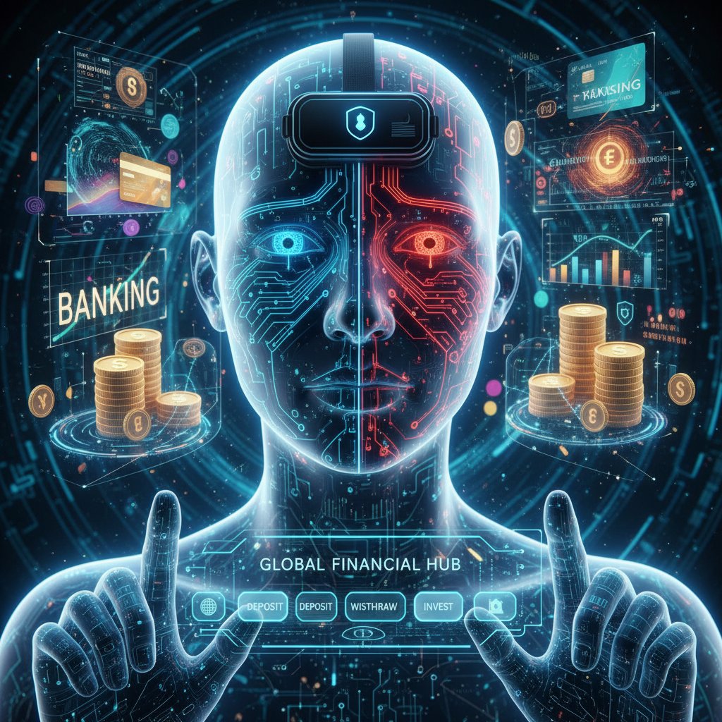 Realistyczny awatar AI z wyrazem emocji w wirtualnej rzeczywistości bankowej