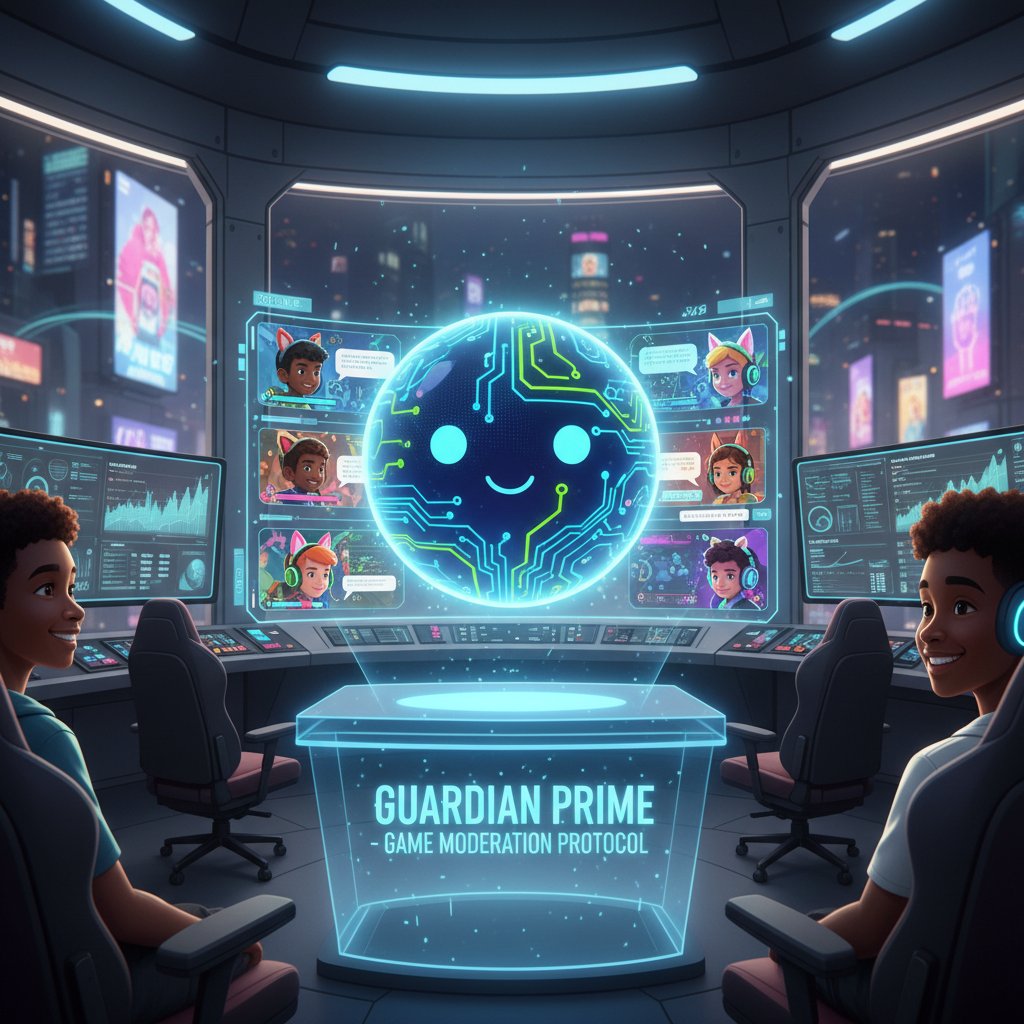 Avatar AI moderujący dyskusję w grze online, młodzi gracze, atmosfera nowoczesności