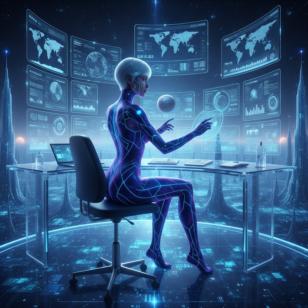 Awatar AI pracuje z człowiekiem w wirtualnym biurze, symbolizując współpracę technologii i ludzi