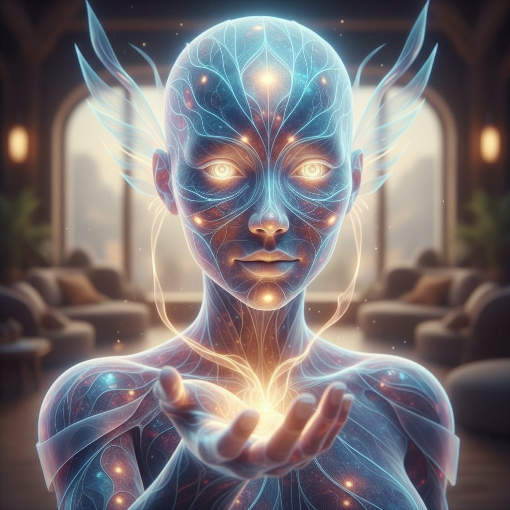 Awatar AI okazujący empatię w rozmowie z użytkownikiem, pogodne światło, bliska relacja