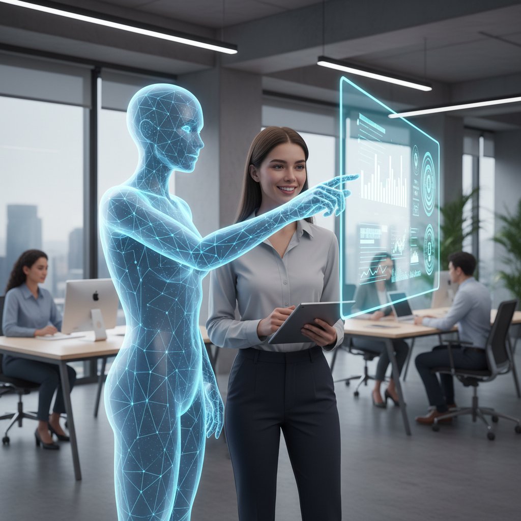 Sztuczna inteligencja i człowiek pracują razem w biurze