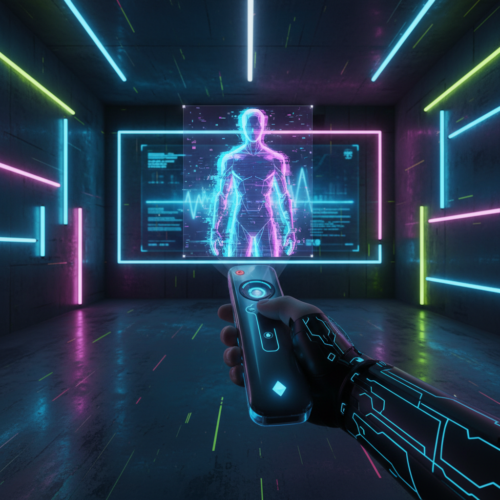A symbolic, futuristic photo of an AI avatar and a human hand both reaching for a streaming remote in a neon-lit room