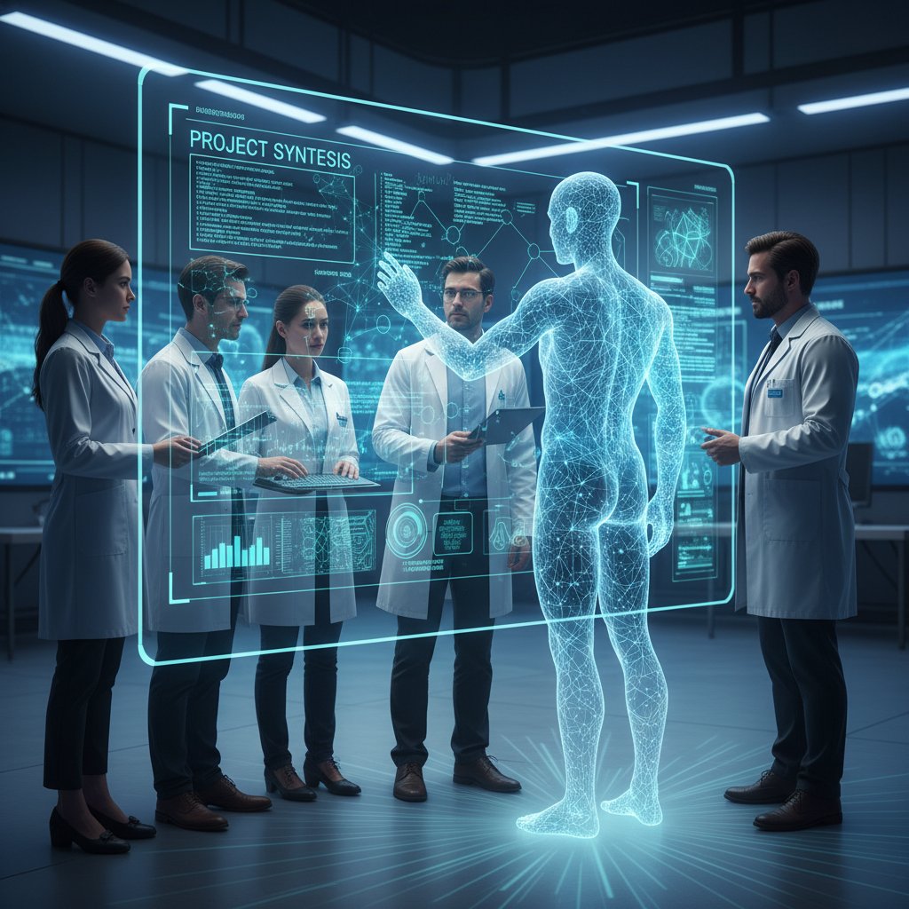 AI avatar collaborating with human researchers on digital whiteboard during research project