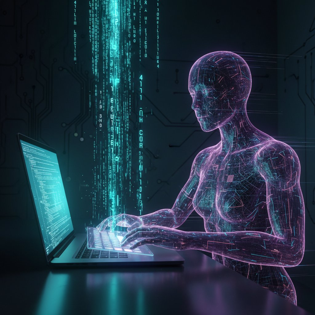 Wirtualny pracownik AI pracujący przy komputerze, zatrudnianie bez kosztów ZUS