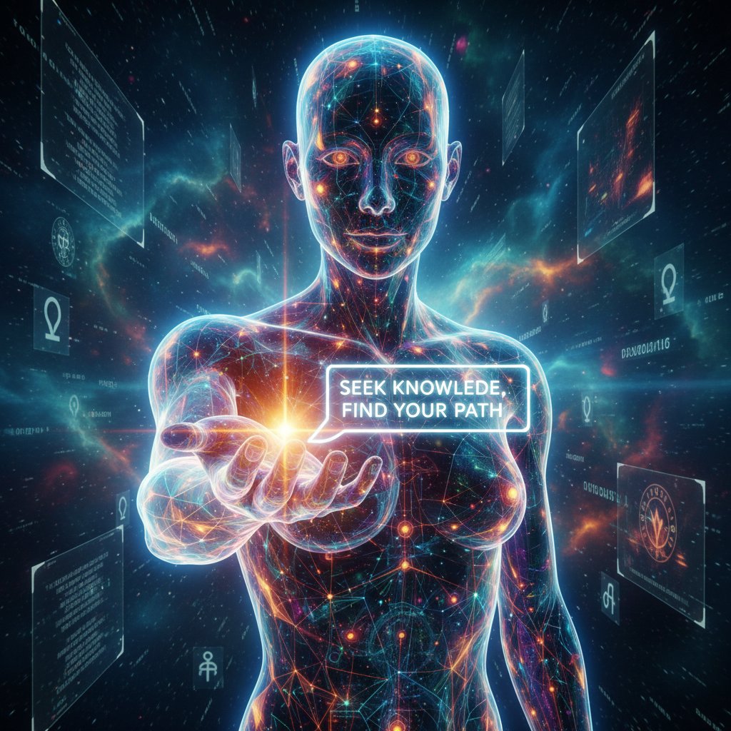 AI avatar with a digital, ethereal appearance offering advice, symbolizing the innovative AI relationship coaching trend