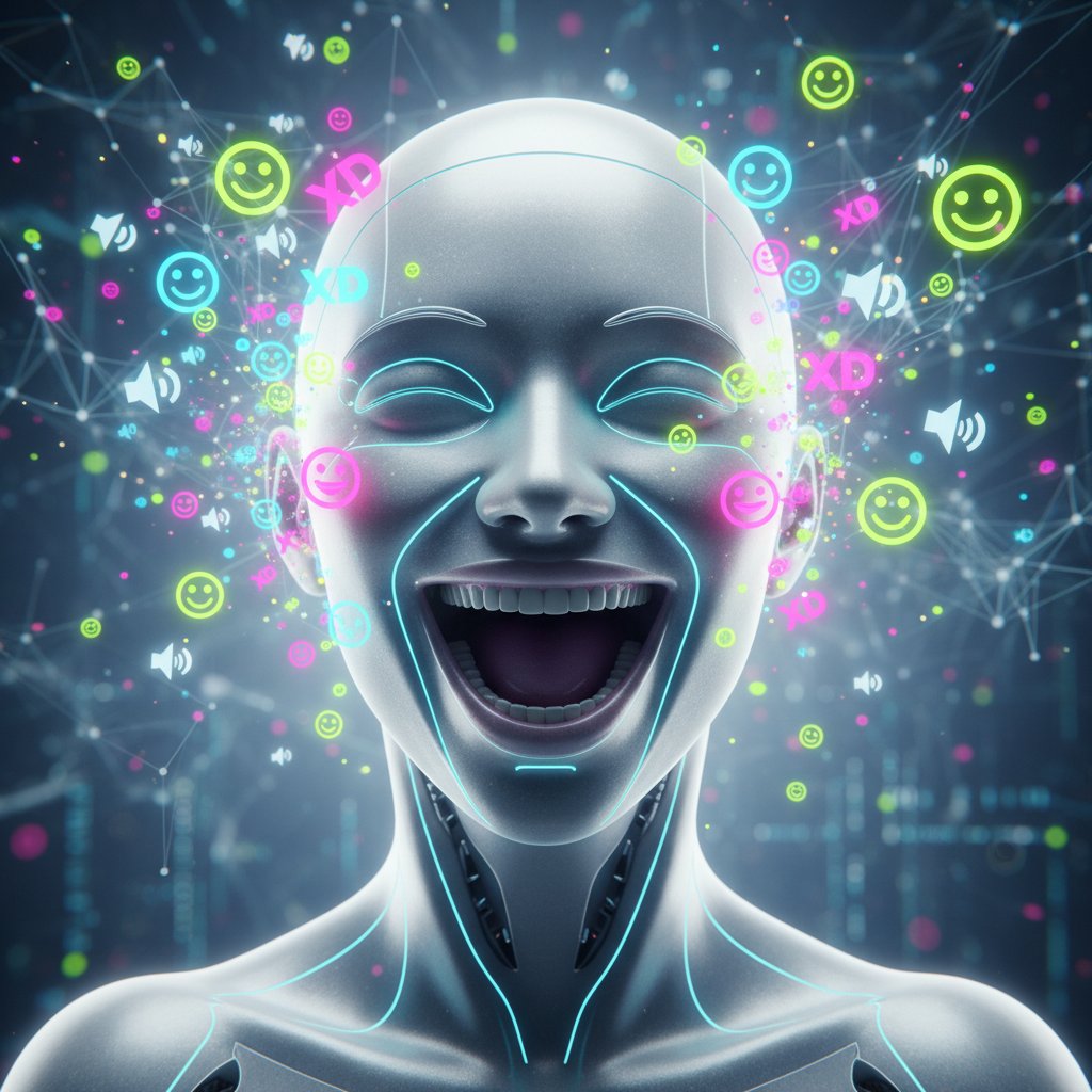 Awatar AI z zabawnym wyrazem twarzy, otoczony ikonami śmiechu, przyszłość humoru przez internet