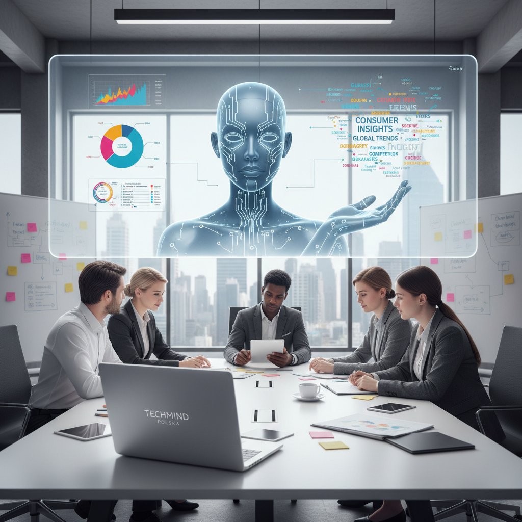 Zespół badawczy korzystający z AI w Polsce – AI avatar przy laptopie z logo polskiej firmy, obok różnorodny zespół ludzi