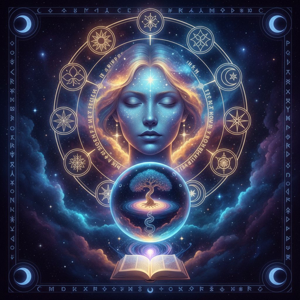 Digitale Hellseherin mit Tarotkarten und leuchtenden Symbolen, KI-Avatar in mystischer Atmosphäre, steht für digitale Liebesorakel