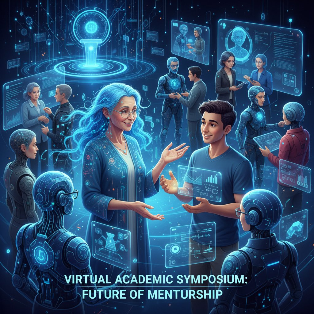 Futuristic photo of AI avatar at online academic event, symbolizing academic content creation and AI mentorship