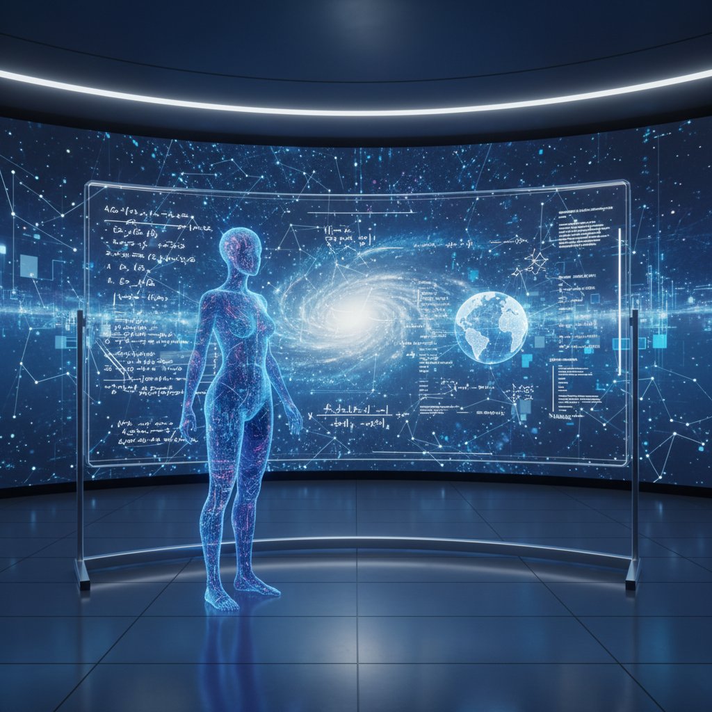 Wirtualny korepetytor AI tłumaczący zagadnienia data science na cyfrowej tablicy w stylu cyberpunk