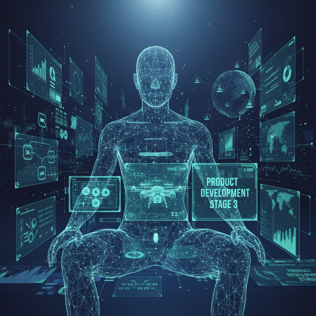 Symbolic AI avatar guiding a team through a virtual workspace, representing AI-powered business toolkits for product development