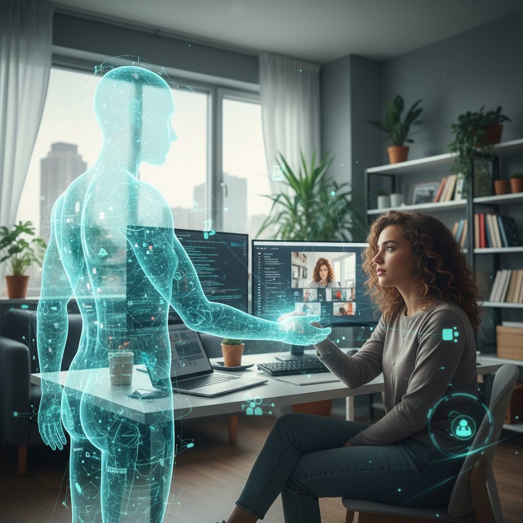 Split-shot photo: AI avatar and human both offering digital support for remote employee