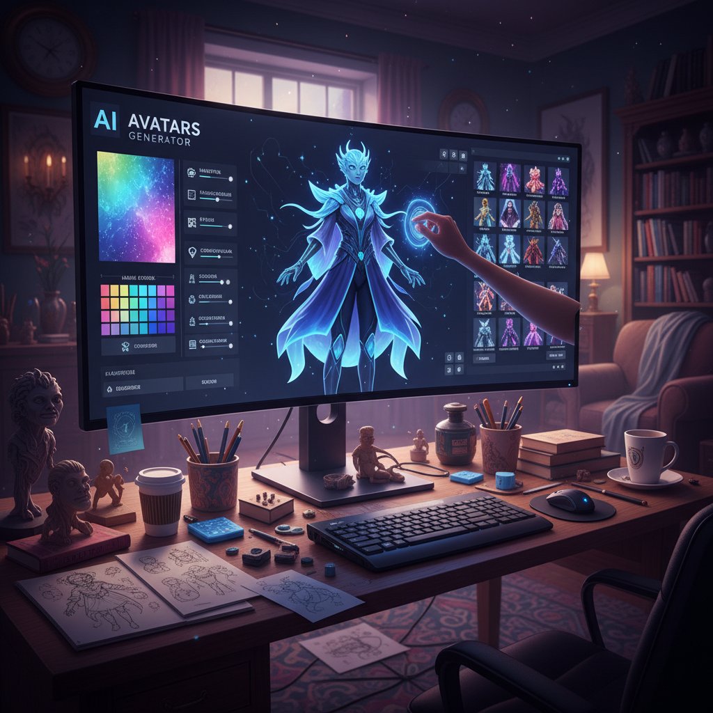 Zbliżenie na ekran komputera z interfejsem generatora avatarów AI, kreatywna atmosfera, światło ekranu