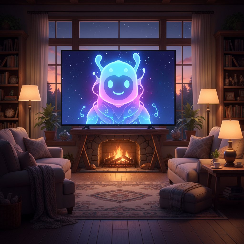 Awatar AI na ekranie w przytulnym domowym wnętrzu, wieczorne, ciepłe światło