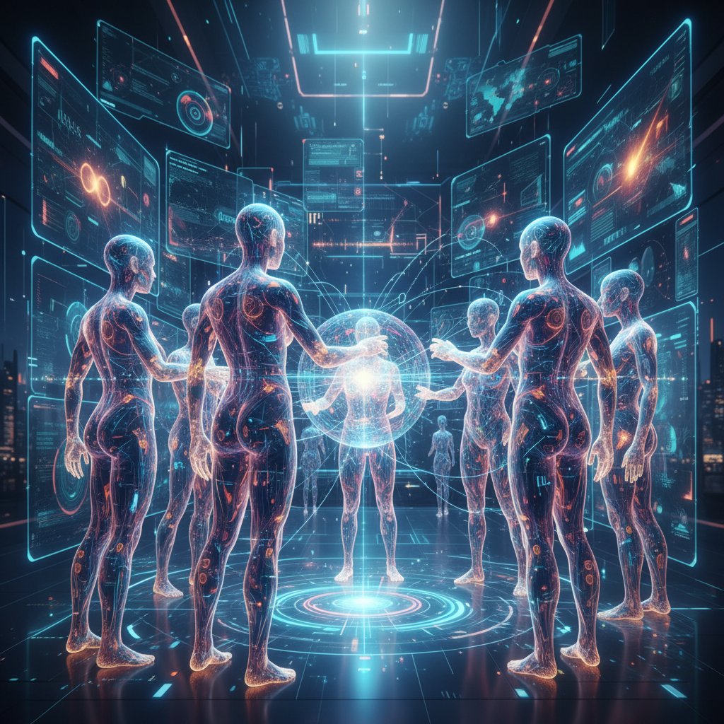 Abstrakcyjne zdjęcie awatarów AI i postaci ludzi wymieniających się danymi, futurystyczny klimat współpracy