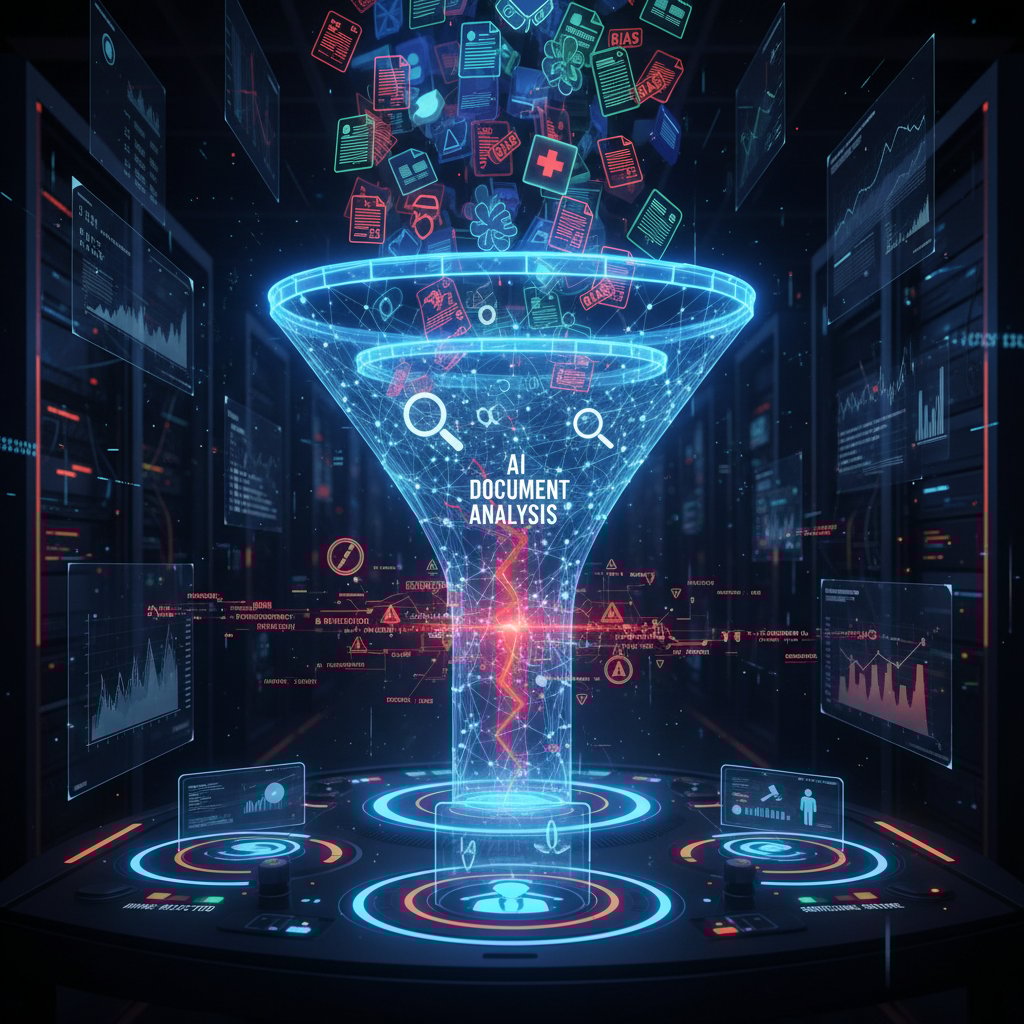 Symbolic image of AI document analysis with hidden biases, shadowy figures controlling decisions