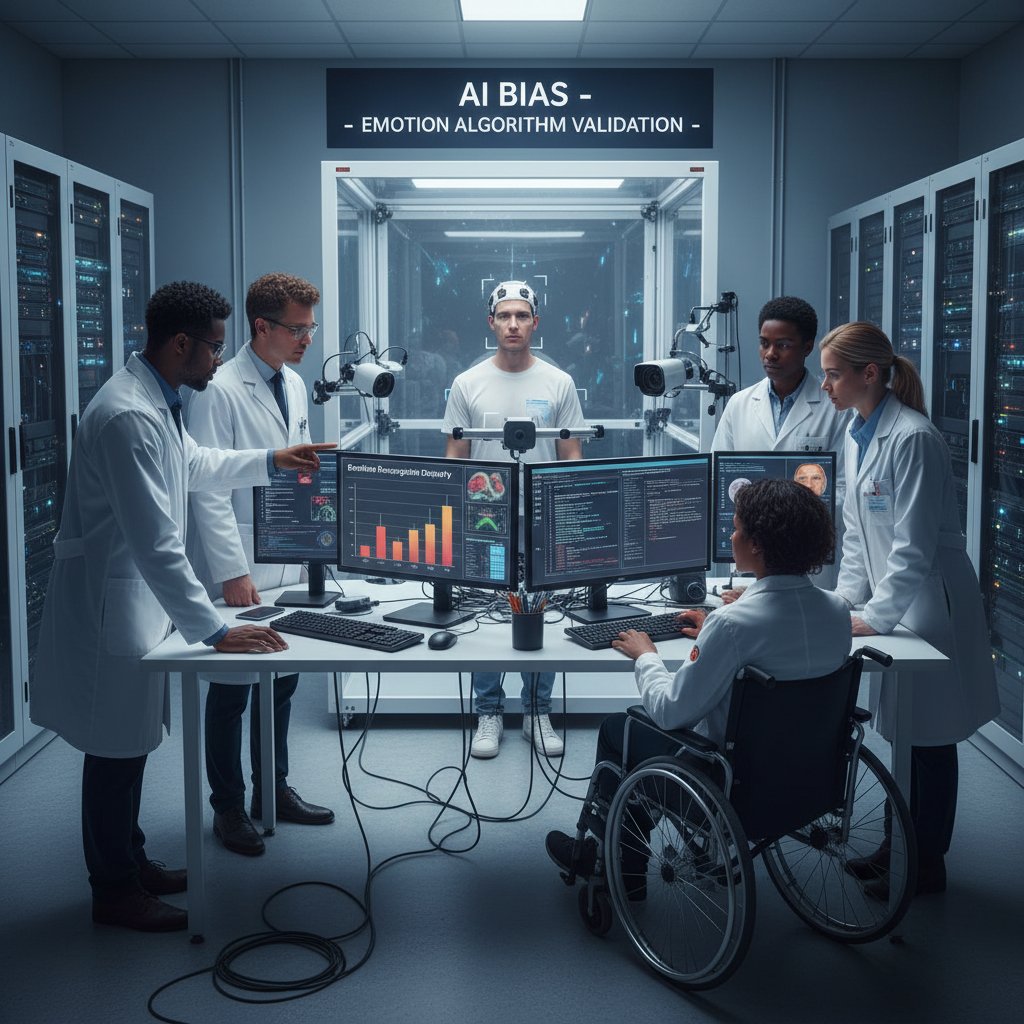 Technolog testuje algorytm AI pod kątem stronniczości emocjonalnej w nowoczesnym laboratorium