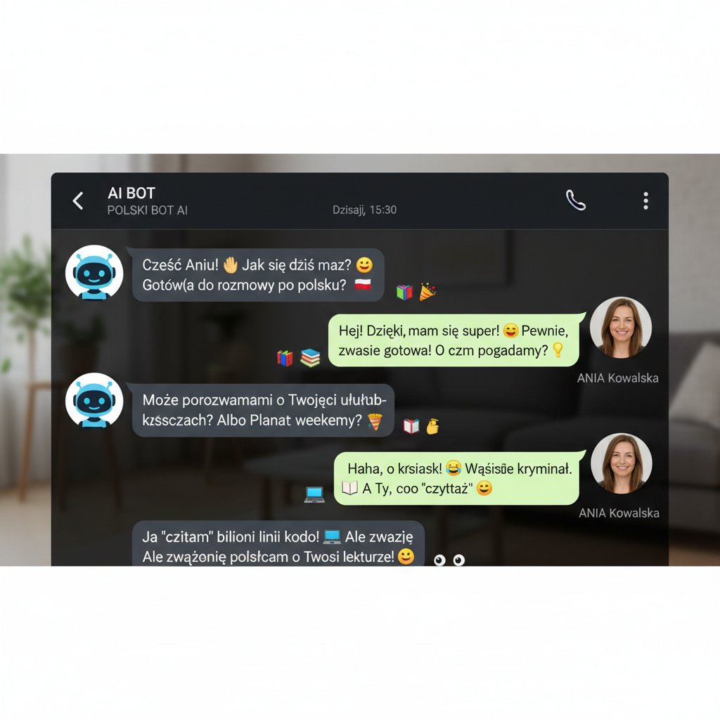 AI bot rozmawiający z dorosłym użytkownikiem, ekran z emotikonami i polskim tekstem
