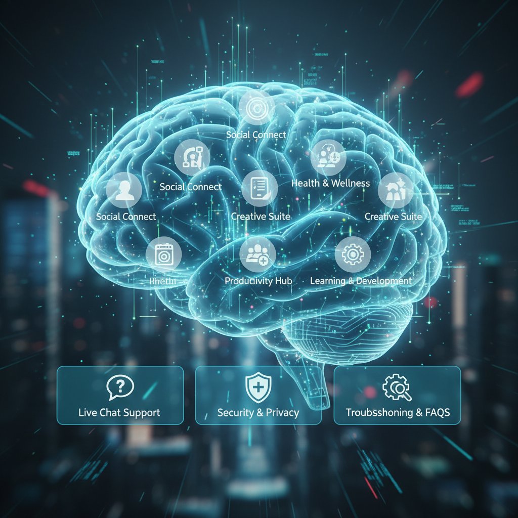 Abstrakcyjna wizualizacja mózgu AI z ikonami aplikacji i funkcji wsparcia