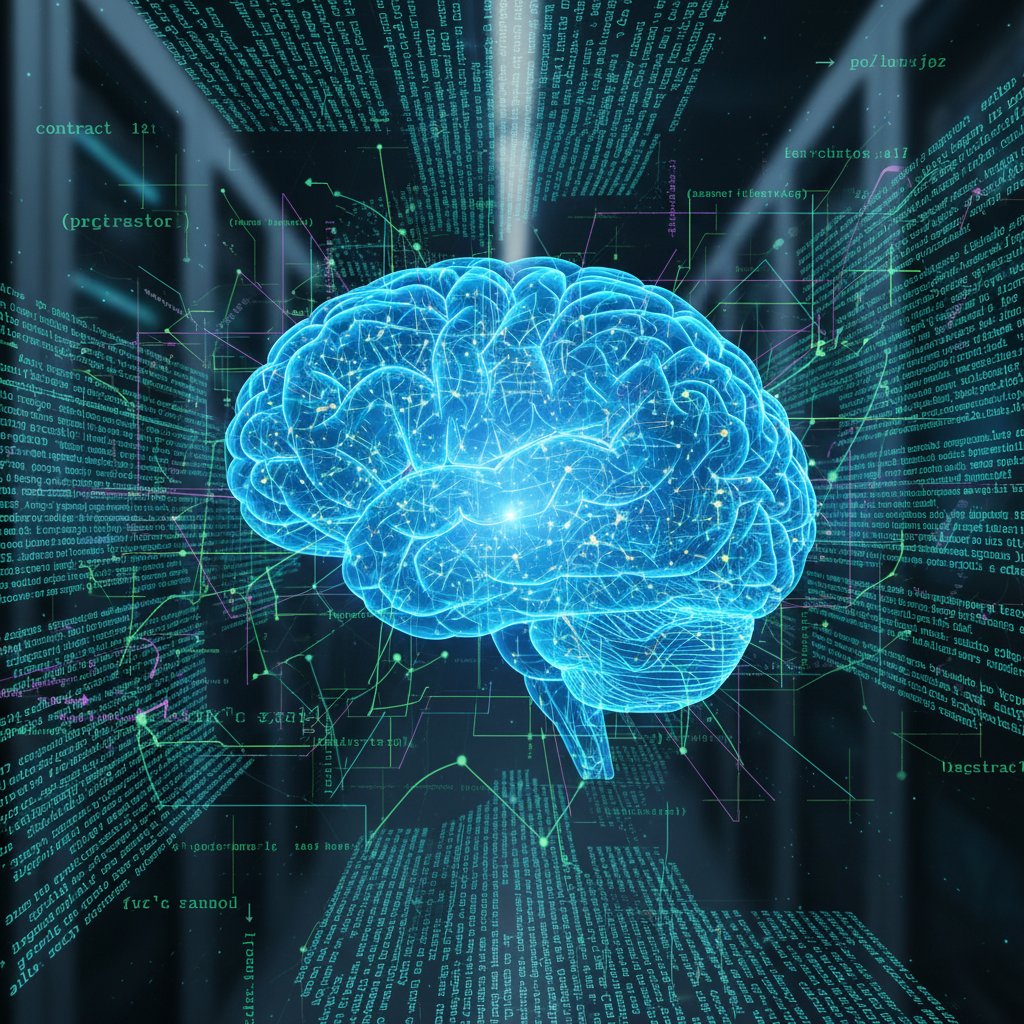 AI brain overlayed on a dense contract page, symbolizing NLP-powered contract analysis