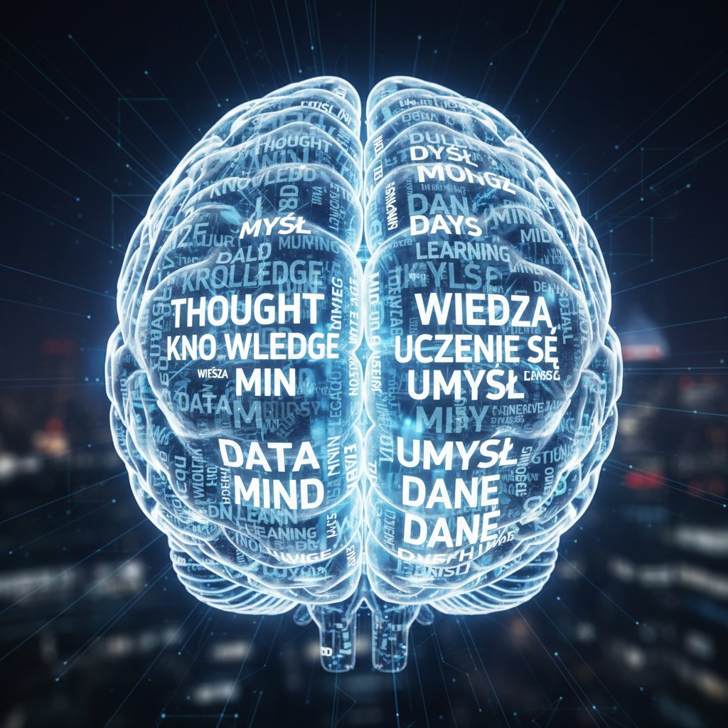 Sztuczna inteligencja analizująca teksty po angielsku i polsku – stylizowany mózg z unoszącymi się słowami