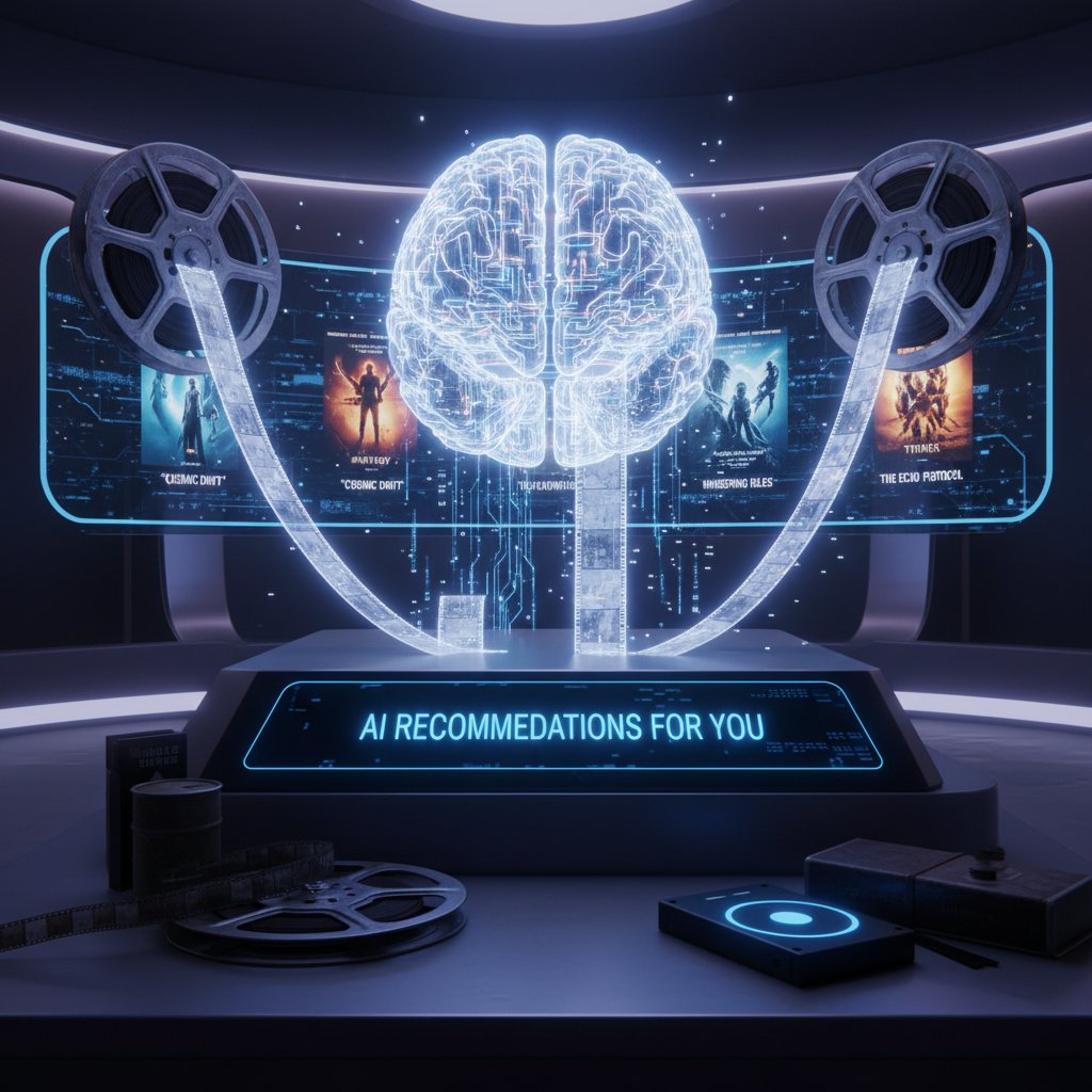 AI-powered movie recommendation concept—stylized illustration of AI brain and film reels, symbolizing personalization and discovery