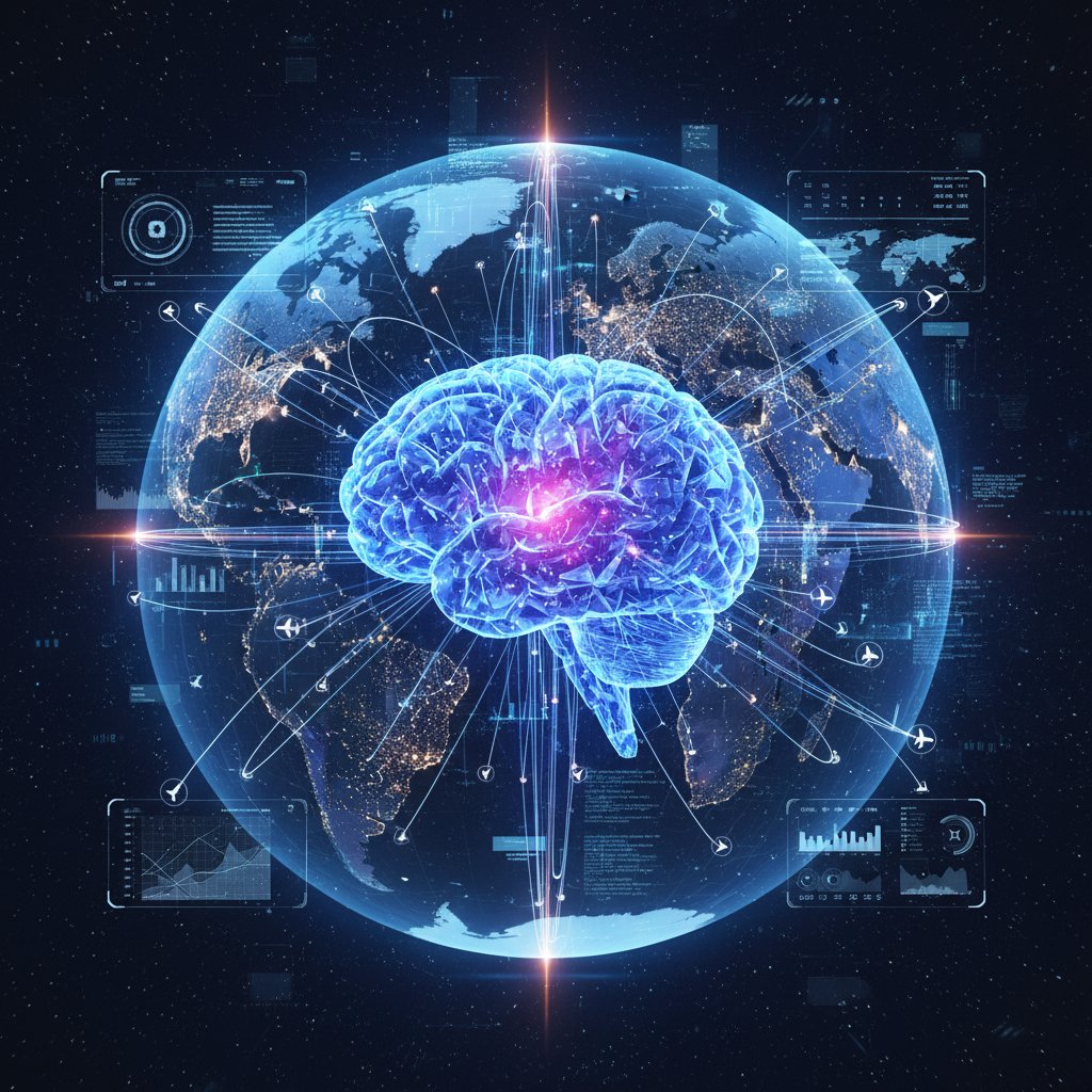 Sztuczna inteligencja analizuje trasy lotów, wizualizacja mózgu AI na tle mapy połączeń