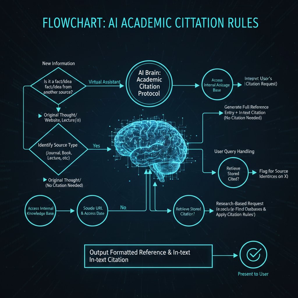 Visual metaphor of an AI brain processing a tangled flowchart of citation rules for virtual assistant for academic citation style guides