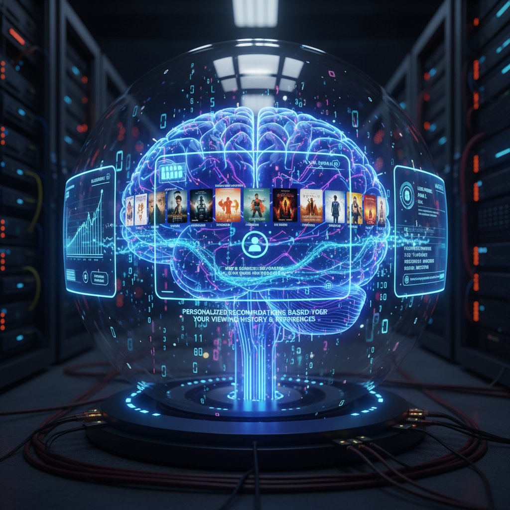 AI analyzing user preferences through data streams as an abstract glowing brain visualization