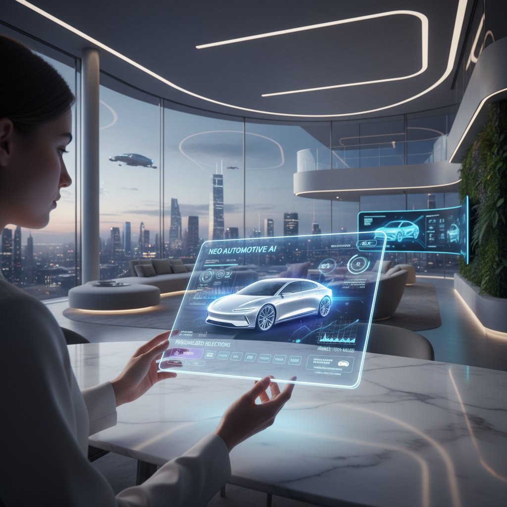 Person using AI car buying assistant on tablet at modern home, futuristic and empowered mood