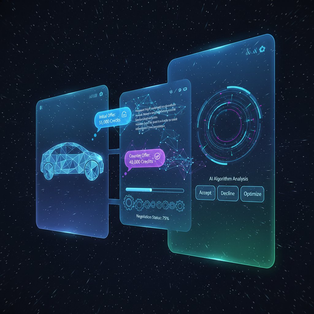 AI in online car negotiation: Abstract AI interface overlayed on negotiation chat, high-tech style