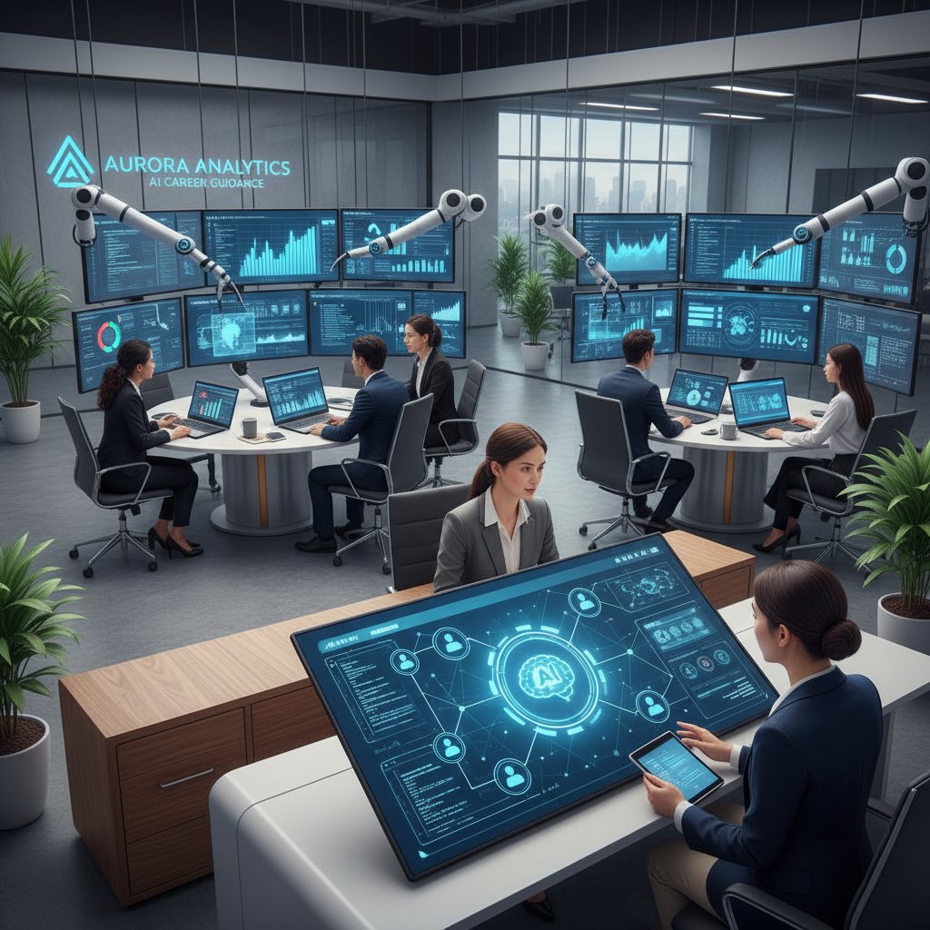 Nowoczesne biuro z zespołem analizującym dane AI dla doradztwa zawodowego, monitory, wykresy, współpraca