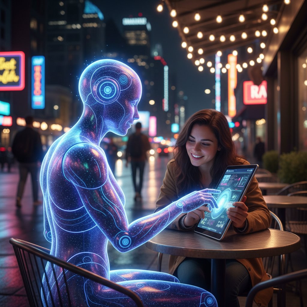 Postać AI prowadzi rozmowę przez smartfona z człowiekiem w ciemnym pokoju