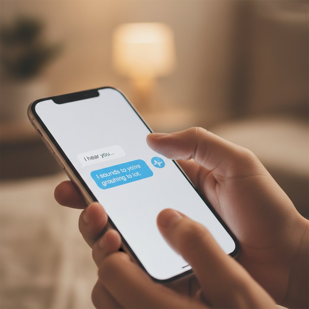 Nahaufnahme eines Smartphones mit Chatverlauf, auf dem eine KI-Freundin einfühlsam antwortet.