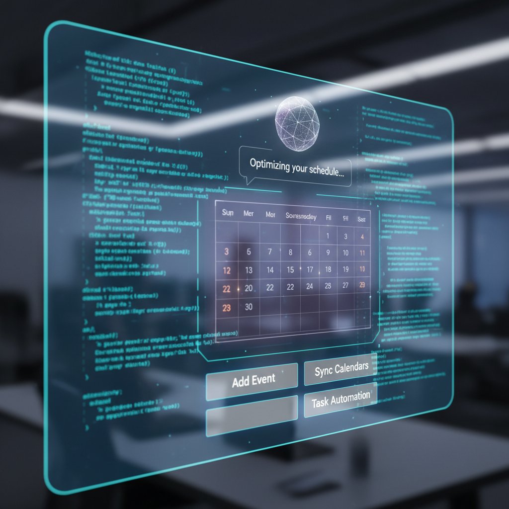 Close-up of AI code and chatbot interface managing digital calendars