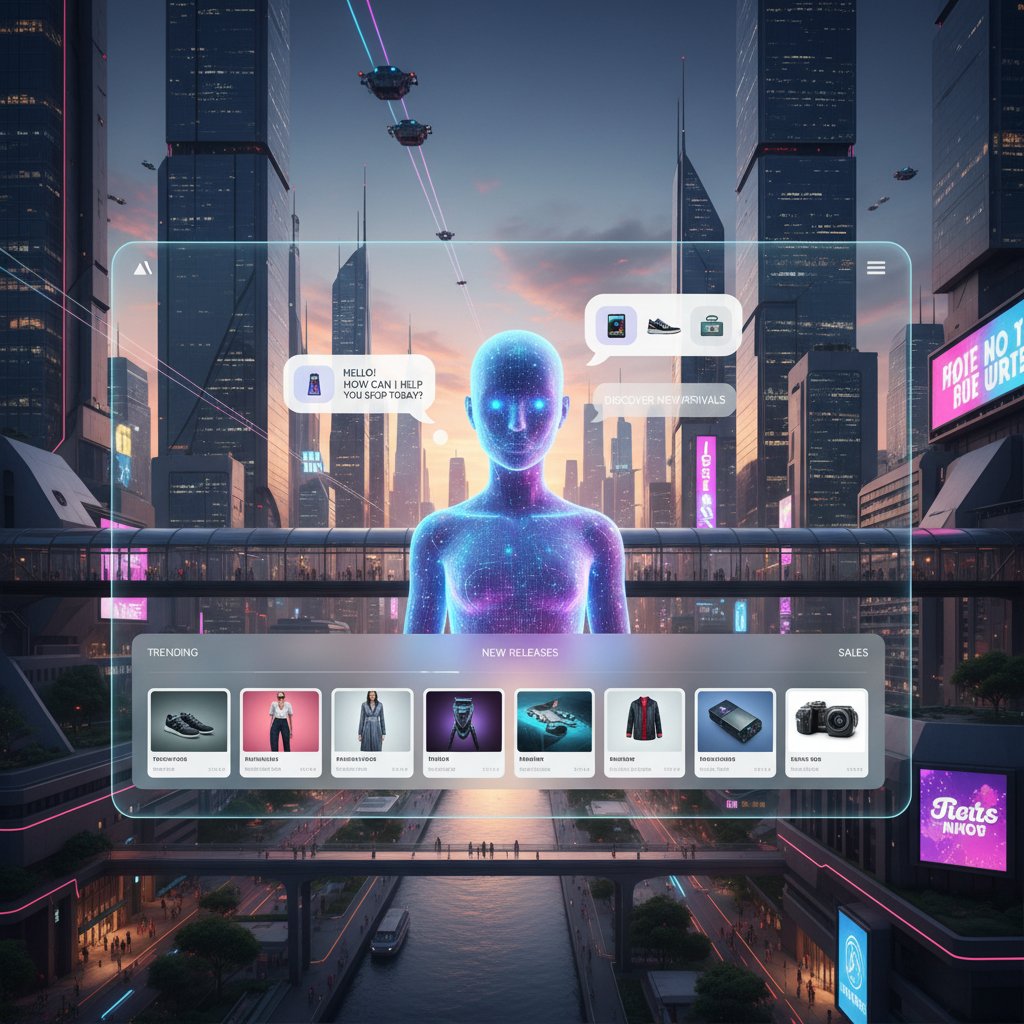 Chatbot AI obsługujący klientów e-commerce w nowoczesnym sklepie internetowym