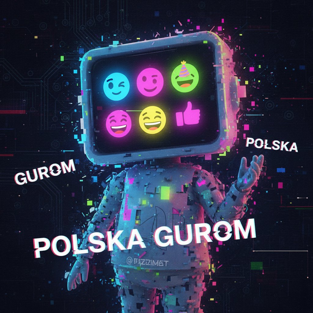 AI chatbot z animowanymi emotikonami, kolorowe neony, nawiązania do polskich memów