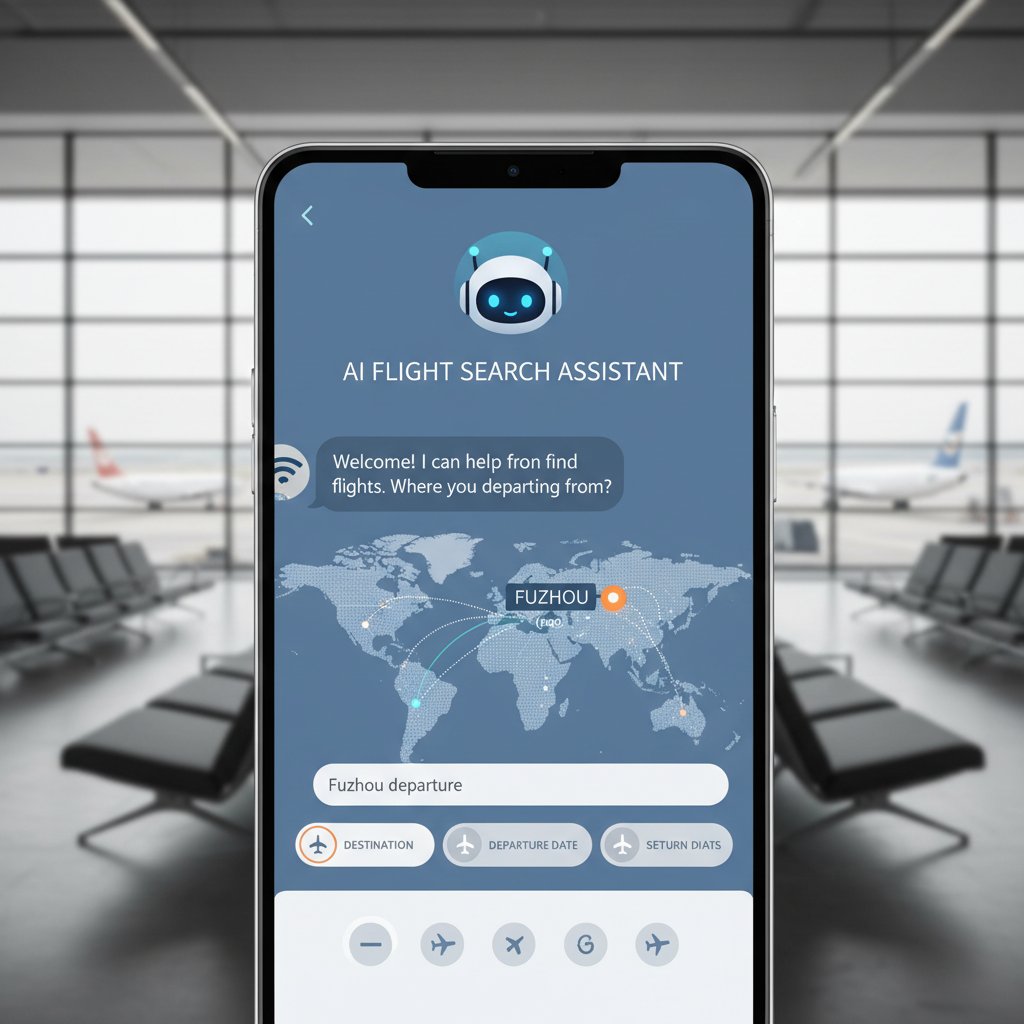 AI interface helping book flights from Fuzhou, digital assistant guiding traveler through options