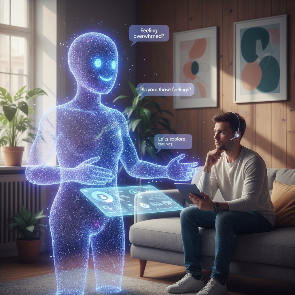 Chatbot AI rozmawiający z pacjentem w nowoczesnej polskiej poradni psychologicznej