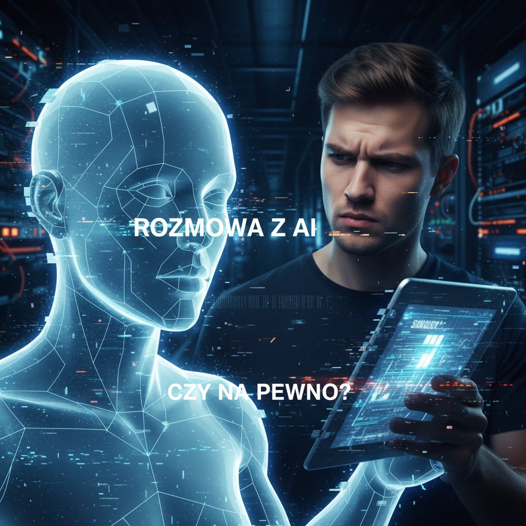 Zbliżenie na czat z chatbotem AI w języku polskim, wyraźna nieufność użytkownika, cyfrowe zakłócenia, mocny kontrast, okno czatu