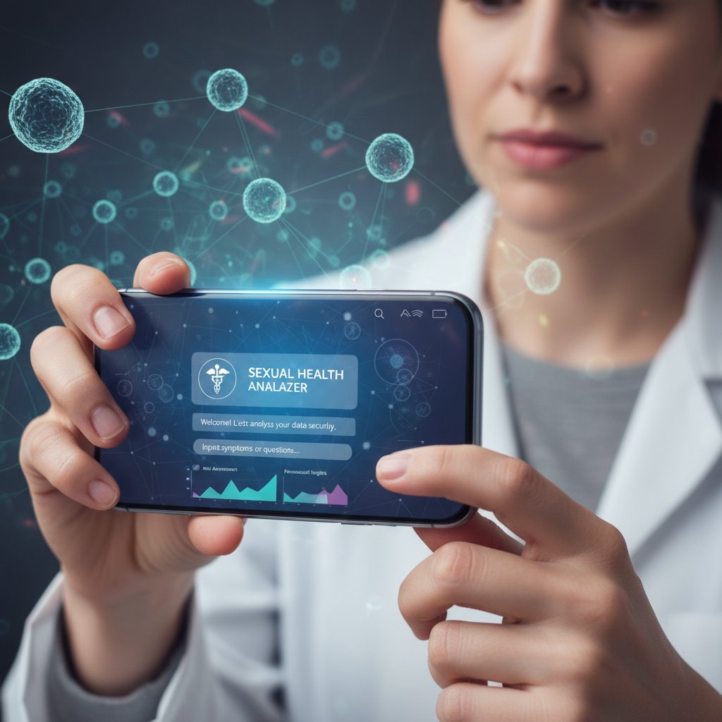 Nowoczesny chatbot medyczny analizujący pytania użytkownika na ekranie smartfona w kontekście zdrowia seksualnego
