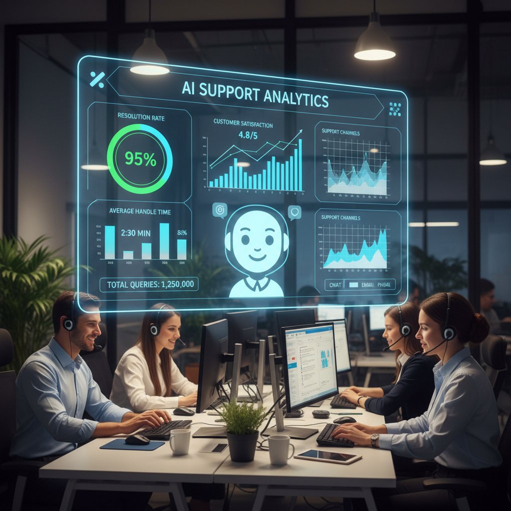 A real photo of a support team monitoring chatbot performance on dashboards, with visible upward-trending analytics