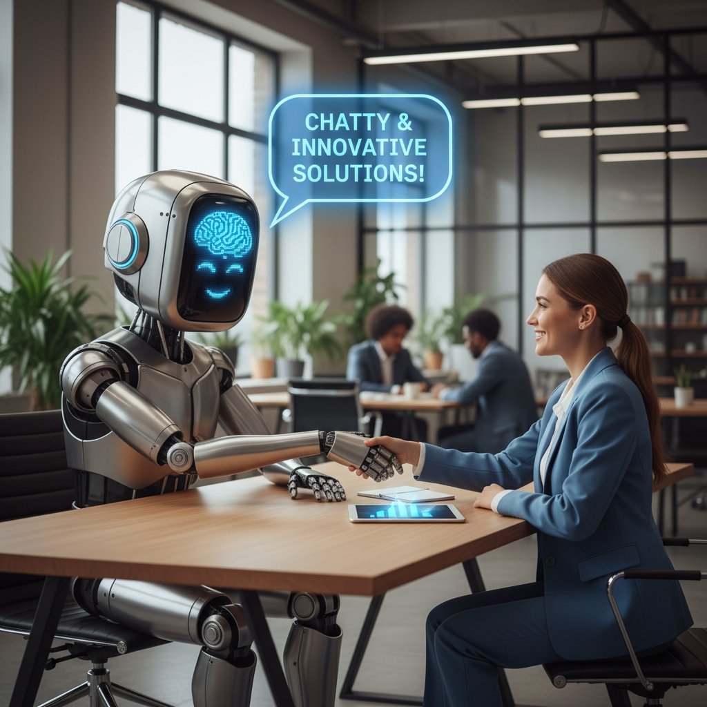 Chatbot AI z wyraźnym, unikalnym stylem komunikacji, biuro, relacje z klientem