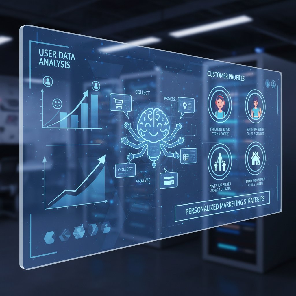 AI chatbot analyzing user data for personalized marketing, vibrant screen with customer profiles