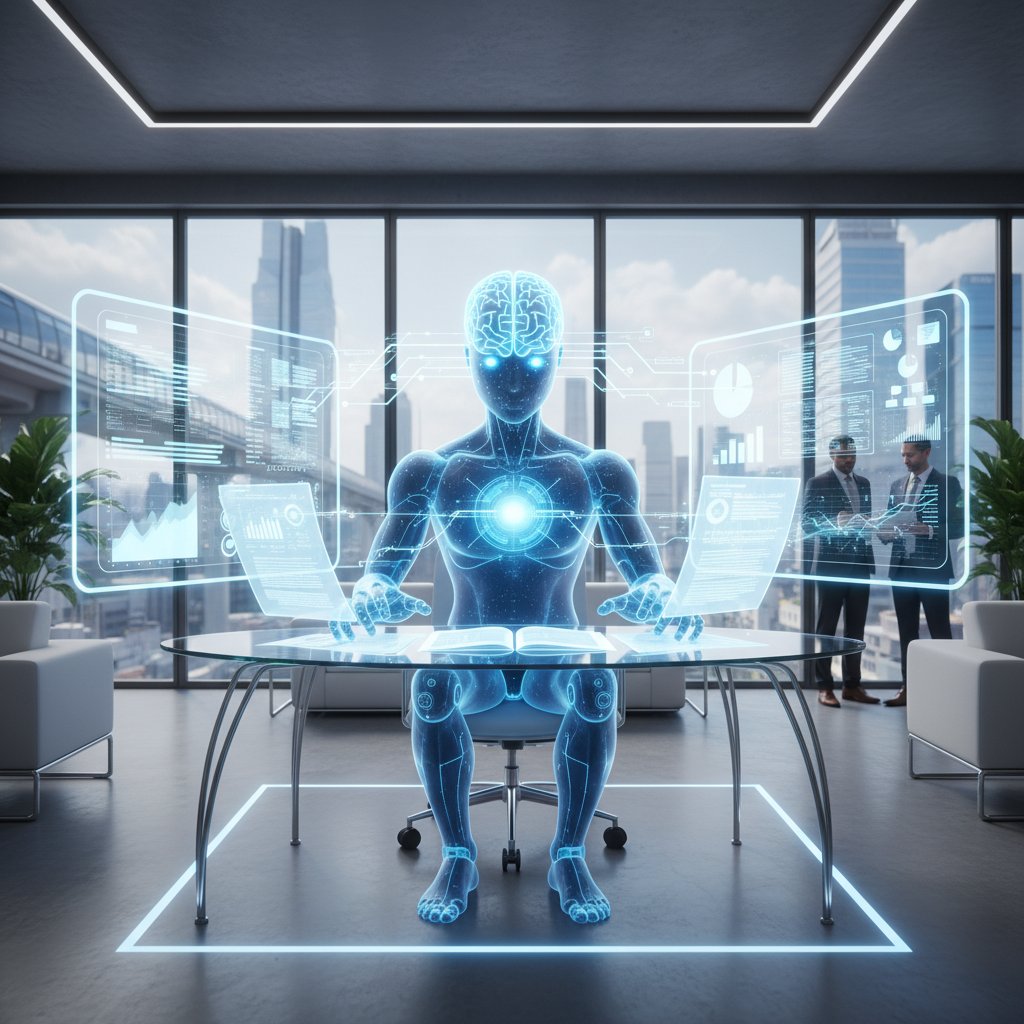 Ekran komputera z chatbotem analizującym dokumenty w nowoczesnej firmie