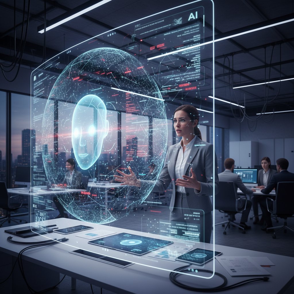 AI chatbot interface glowing with data, human watching results, symbolizing AI as a research disruptor