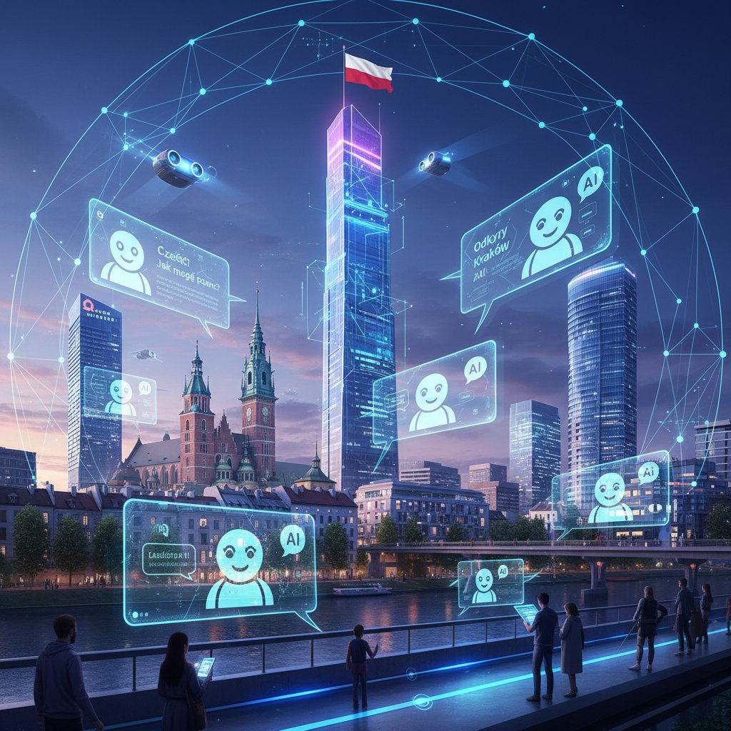 Dynamiczny rozwój rynku chatbotów AI w Polsce na tle miejskiej panoramy z technologią