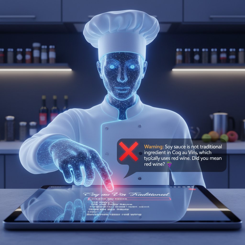Kucharz AI analizujący recepturę na tablecie, pokazujący błędne zamiany składników we współczesnej kuchni