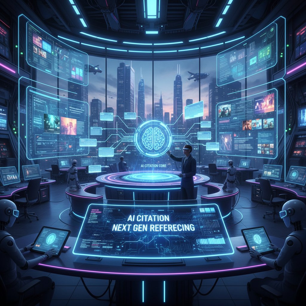 Futuristic newsroom with an AI-driven citation generator glowing on screen, symbolizing next-gen citation tech in action—AI referencing, journalism, future of citations