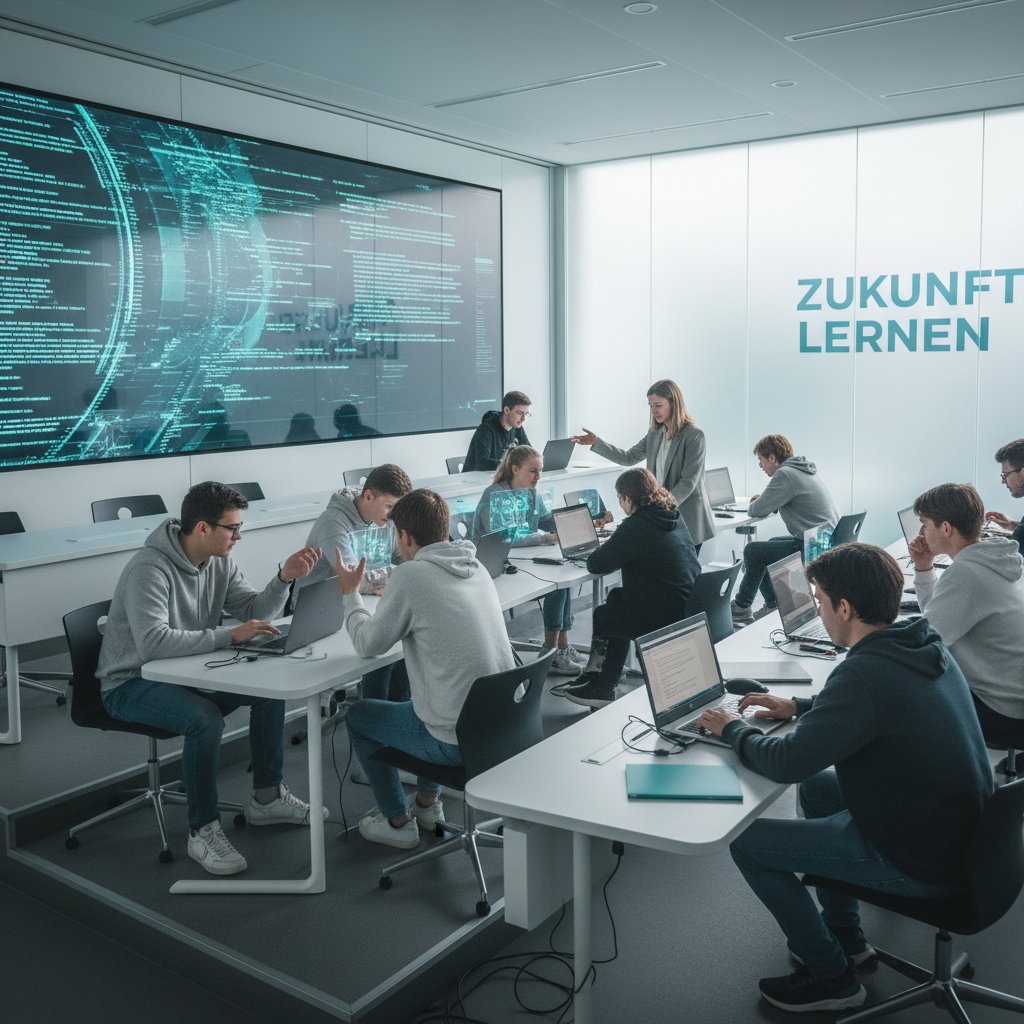 Osoba korzystająca z AI podczas lekcji niemieckiego, dynamiczne środowisko cyfrowe, laptop